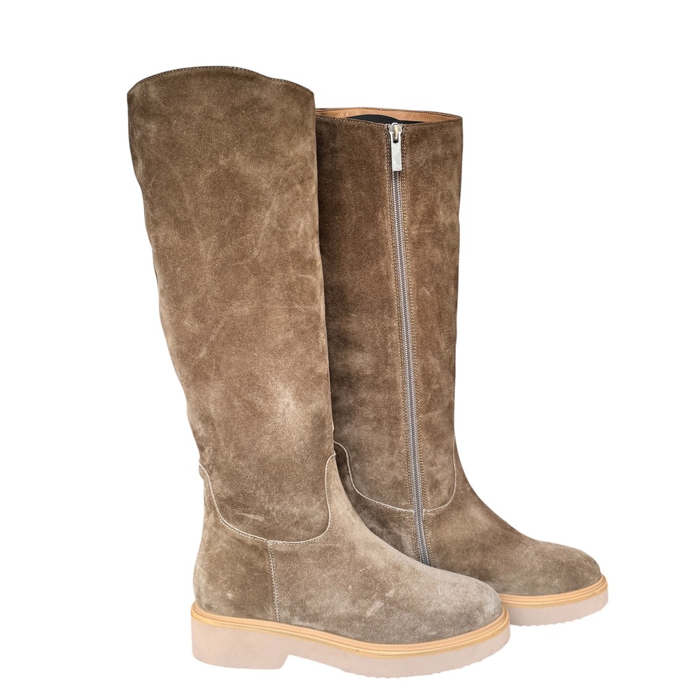 Aquatalia Milana Tall Suede Flat Boots Light Taupe Size 8 Italy NEW
